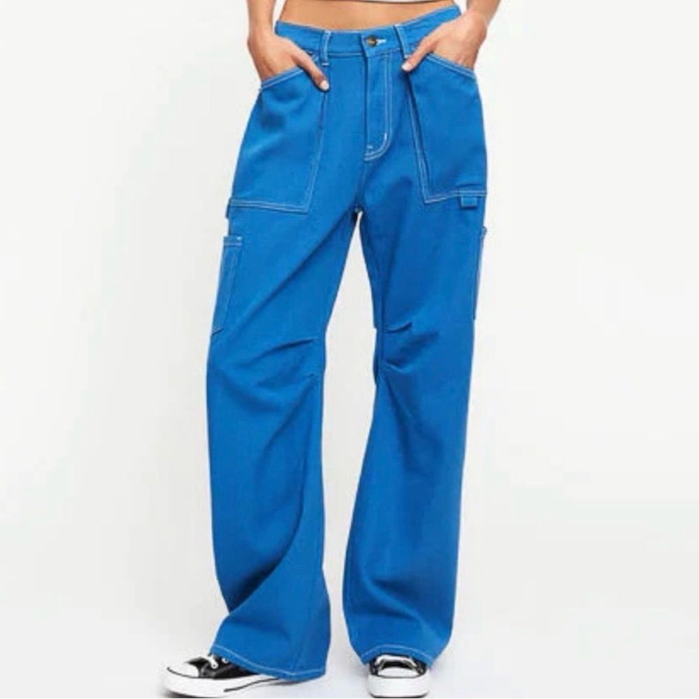 Lioness Miami Vice Cargo Pants Blue Utility Wide Leg Size Medium Cotton